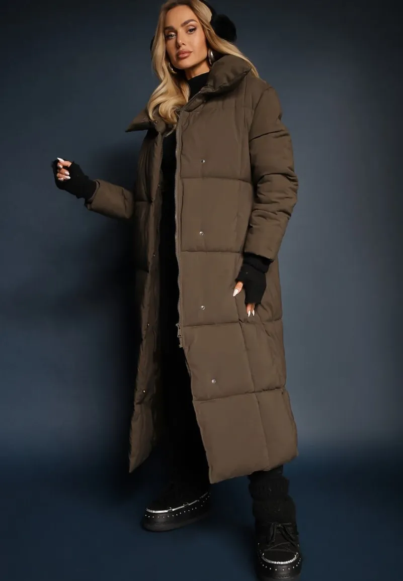 Ciemnozielona Długa Kurtka Pikowana Płaszcz z Paskiem Adellesstta