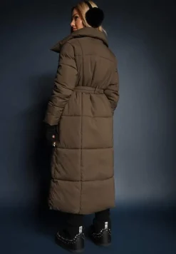 Ciemnozielona Długa Kurtka Pikowana Płaszcz z Paskiem Adellesstta