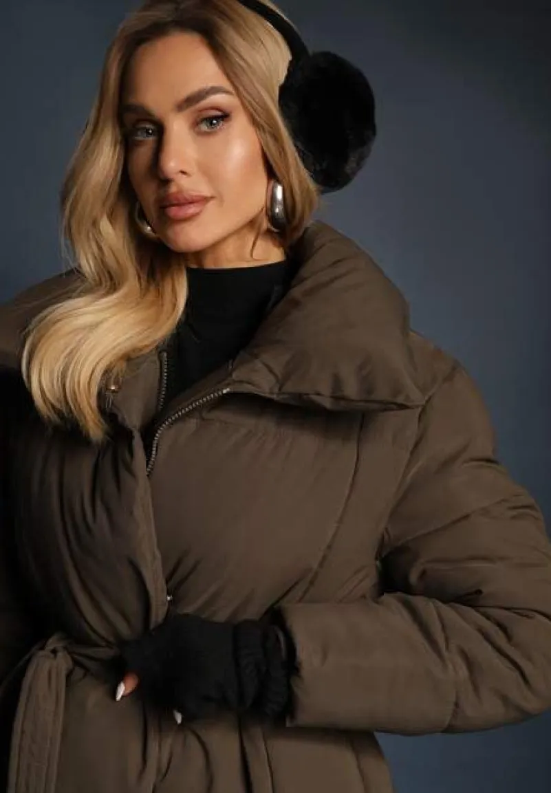 Ciemnozielona Długa Kurtka Pikowana Płaszcz z Paskiem Adellesstta