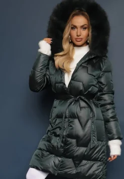 Ciemnozielona Długa Kurtka Pikowana z Odpinanym Kołnierzem i Paskiem Rinarella