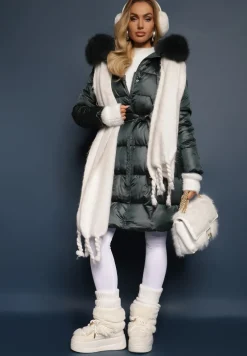 Ciemnozielona Długa Kurtka Pikowana z Odpinanym Kołnierzem i Paskiem Rinarella