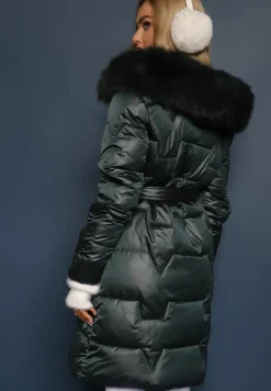 Ciemnozielona Długa Kurtka Pikowana z Odpinanym Kołnierzem i Paskiem Rinarella