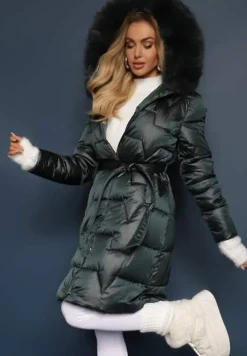 Ciemnozielona Długa Kurtka Pikowana z Odpinanym Kołnierzem i Paskiem Rinarella