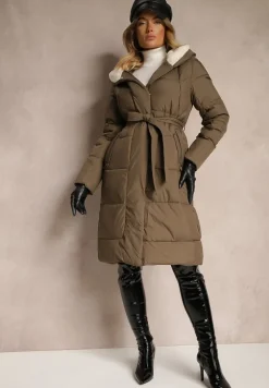 Ciemnozielona Długa Kurtka Pikowana z Kapturem Wiązana w Pasie Neanethra