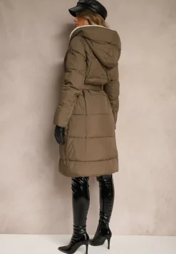 Ciemnozielona Długa Kurtka Pikowana z Kapturem Wiązana w Pasie Neanethra