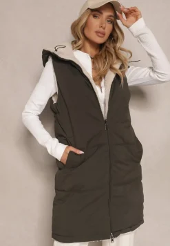 Ciemnozielona Dwustronna Kamizelka z Barankowym Futerkiem i Pikowanymi Przeszyciami z Kapturem Lertitana