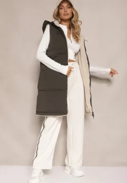 Ciemnozielona Dwustronna Kamizelka z Barankowym Futerkiem i Pikowanymi Przeszyciami z Kapturem Lertitana