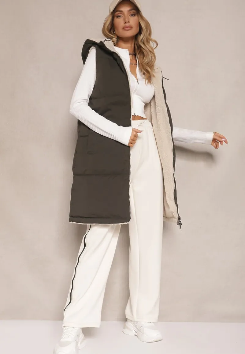 Ciemnozielona Dwustronna Kamizelka z Barankowym Futerkiem i Pikowanymi Przeszyciami z Kapturem Lertitana