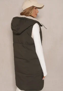 Ciemnozielona Dwustronna Kamizelka z Barankowym Futerkiem i Pikowanymi Przeszyciami z Kapturem Lertitana