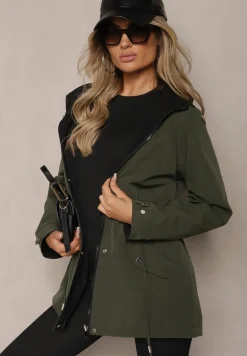 Ciemnozielona Dwustronna Kurtka w Stylu Parki Wykończona przy Rękawach Guzikami Mivatra