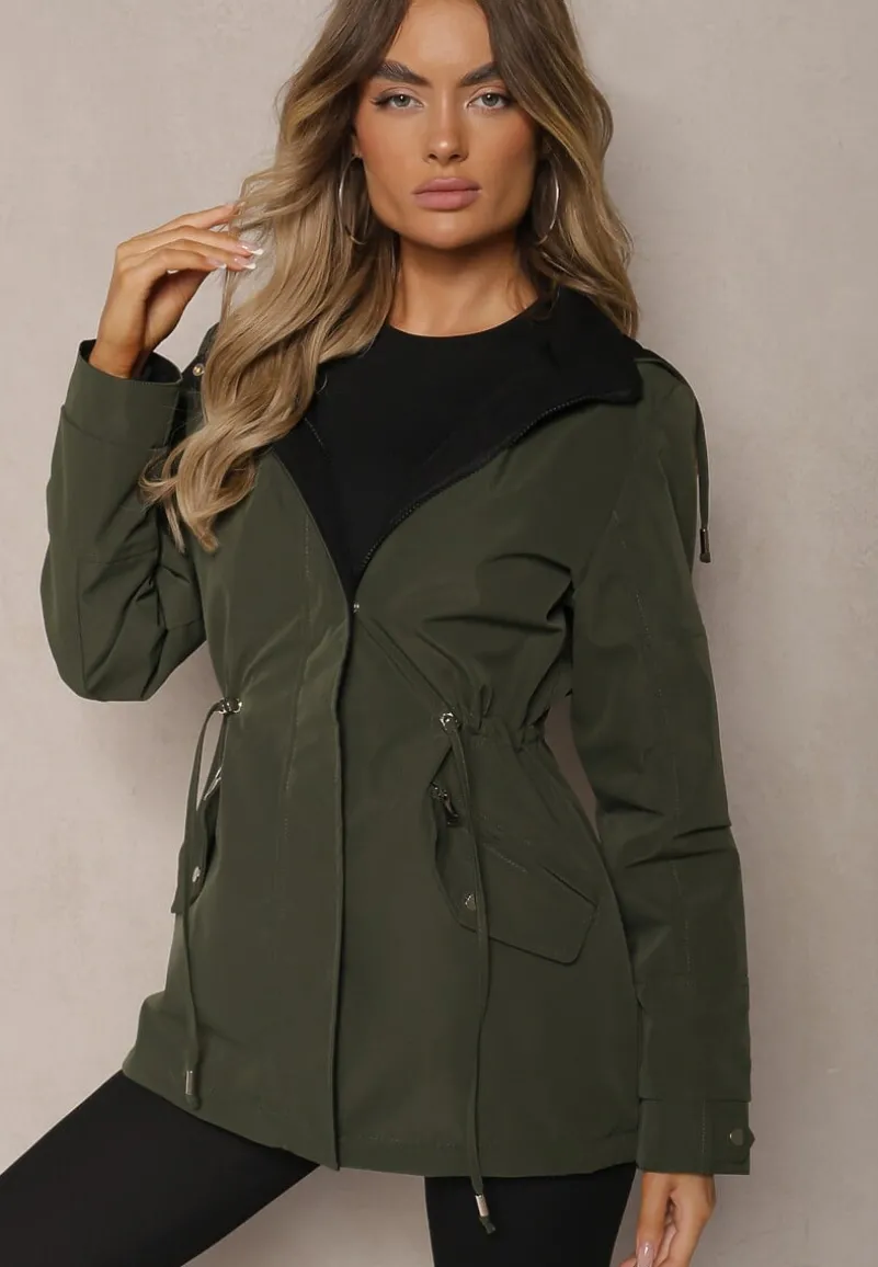 Ciemnozielona Dwustronna Kurtka w Stylu Parki Wykończona przy Rękawach Guzikami Mivatra