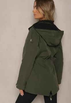 Ciemnozielona Dwustronna Kurtka w Stylu Parki Wykończona przy Rękawach Guzikami Mivatra