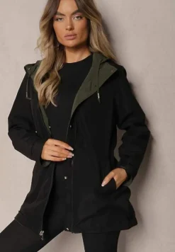 Ciemnozielona Dwustronna Kurtka w Stylu Parki Wykończona przy Rękawach Guzikami Mivatra