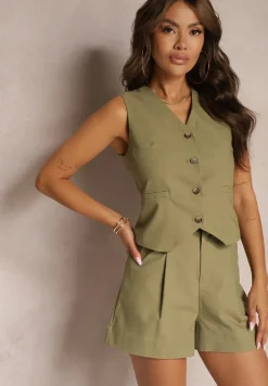 Ciemnozielona Garniturowa Kamizelka z Bawełny Zapinana na Guziki Tiamarine