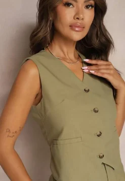 Ciemnozielona Garniturowa Kamizelka z Bawełny Zapinana na Guziki Tiamarine