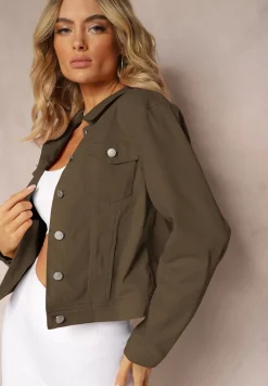 Ciemnozielona Jeansowa Kurtka z Bawełny z Guzikami i Kieszeniami Ainztia