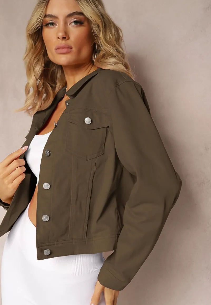 Ciemnozielona Jeansowa Kurtka z Bawełny z Guzikami i Kieszeniami Ainztia