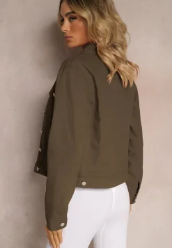 Ciemnozielona Jeansowa Kurtka z Bawełny z Guzikami i Kieszeniami Ainztia