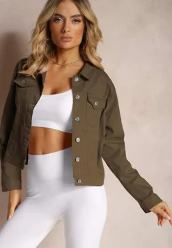 Ciemnozielona Jeansowa Kurtka z Bawełny z Guzikami i Kieszeniami Ainztia