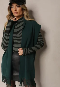 Ciemnozielona Kamizelka Narzutka z Wiskozowej Dzianiny z Frędzlami i Kieszeniami Naralina