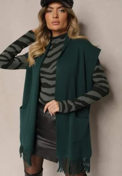 Ciemnozielona Kamizelka Narzutka z Wiskozowej Dzianiny z Frędzlami i Kieszeniami Naralina