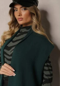 Ciemnozielona Kamizelka Narzutka z Wiskozowej Dzianiny z Frędzlami i Kieszeniami Naralina