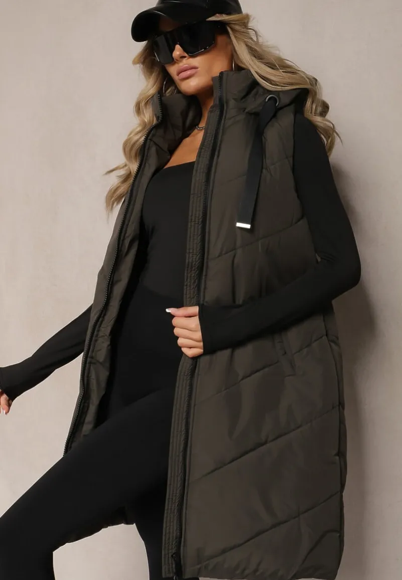 Ciemnozielona Kamizelka Ozdobiona Pikowaniem ze Sznurkami i Kapturem Mivirina