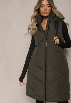 Ciemnozielona Kamizelka Ozdobiona Pikowaniem ze Sznurkami i Kapturem Mivirina