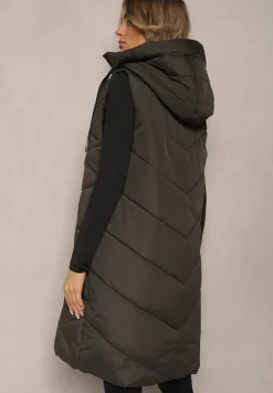 Ciemnozielona Kamizelka Ozdobiona Pikowaniem ze Sznurkami i Kapturem Mivirina