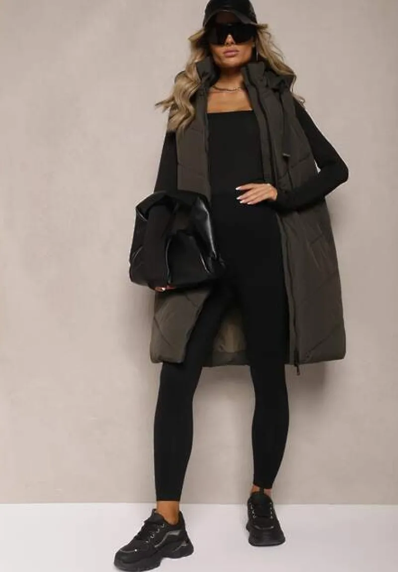 Ciemnozielona Kamizelka Ozdobiona Pikowaniem ze Sznurkami i Kapturem Mivirina