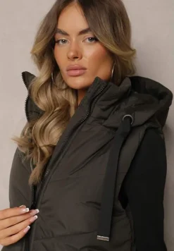 Ciemnozielona Kamizelka Ozdobiona Pikowaniem ze Sznurkami i Kapturem Mivirina