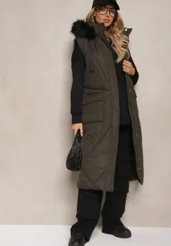 Ciemnozielona Kamizelka o Długim Kroju z Pikowaniem i Kapturem Ozdobiona Futerkiem Avarilla
