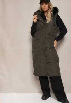 Ciemnozielona Kamizelka o Długim Kroju z Pikowaniem i Kapturem Ozdobiona Futerkiem Avarilla