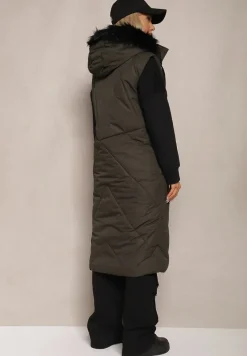 Ciemnozielona Kamizelka o Długim Kroju z Pikowaniem i Kapturem Ozdobiona Futerkiem Avarilla