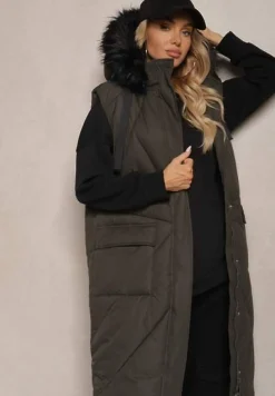 Ciemnozielona Kamizelka o Długim Kroju z Pikowaniem i Kapturem Ozdobiona Futerkiem Avarilla