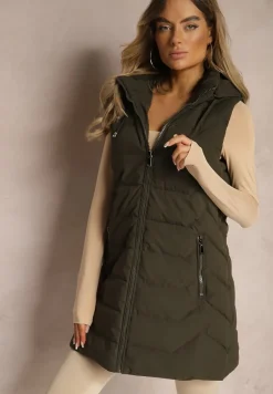 Ciemnozielona Kamizelka Pikowana Zapinana na Suwak Ozdobiona Kapturem i Sznurkami Finaria