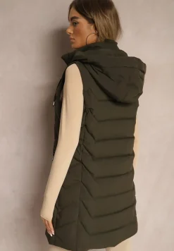 Ciemnozielona Kamizelka Pikowana Zapinana na Suwak Ozdobiona Kapturem i Sznurkami Finaria