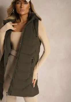 Ciemnozielona Kamizelka Pikowana Zapinana na Suwak Ozdobiona Kapturem i Sznurkami Finaria