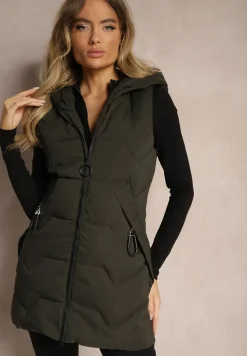 Ciemnozielona Kamizelka Pikowana o Długim Kroju z Kapturem Zapinana na Suwak Terilenes