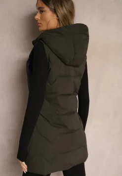Ciemnozielona Kamizelka Pikowana o Długim Kroju z Kapturem Zapinana na Suwak Terilenes