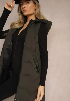 Ciemnozielona Kamizelka Pikowana o Długim Kroju z Kapturem Zapinana na Suwak Terilenes