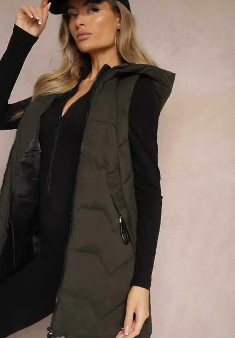 Ciemnozielona Kamizelka Pikowana o Długim Kroju z Kapturem Zapinana na Suwak Terilenes