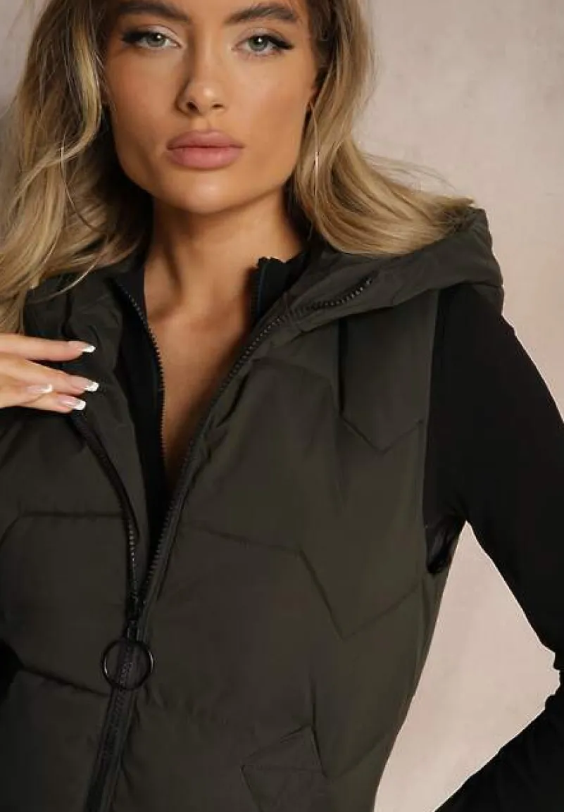 Ciemnozielona Kamizelka Pikowana o Długim Kroju z Kapturem Zapinana na Suwak Terilenes