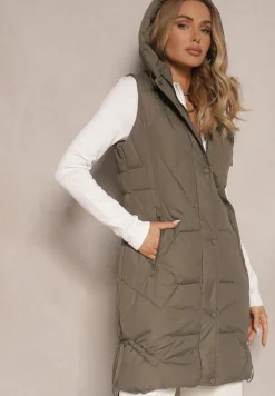 Ciemnozielona Kamizelka z Pikowaniem Ściągaczami i Kapturem z Możliwością Odpięcia Norinvia