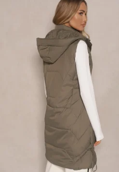 Ciemnozielona Kamizelka z Pikowaniem Ściągaczami i Kapturem z Możliwością Odpięcia Norinvia