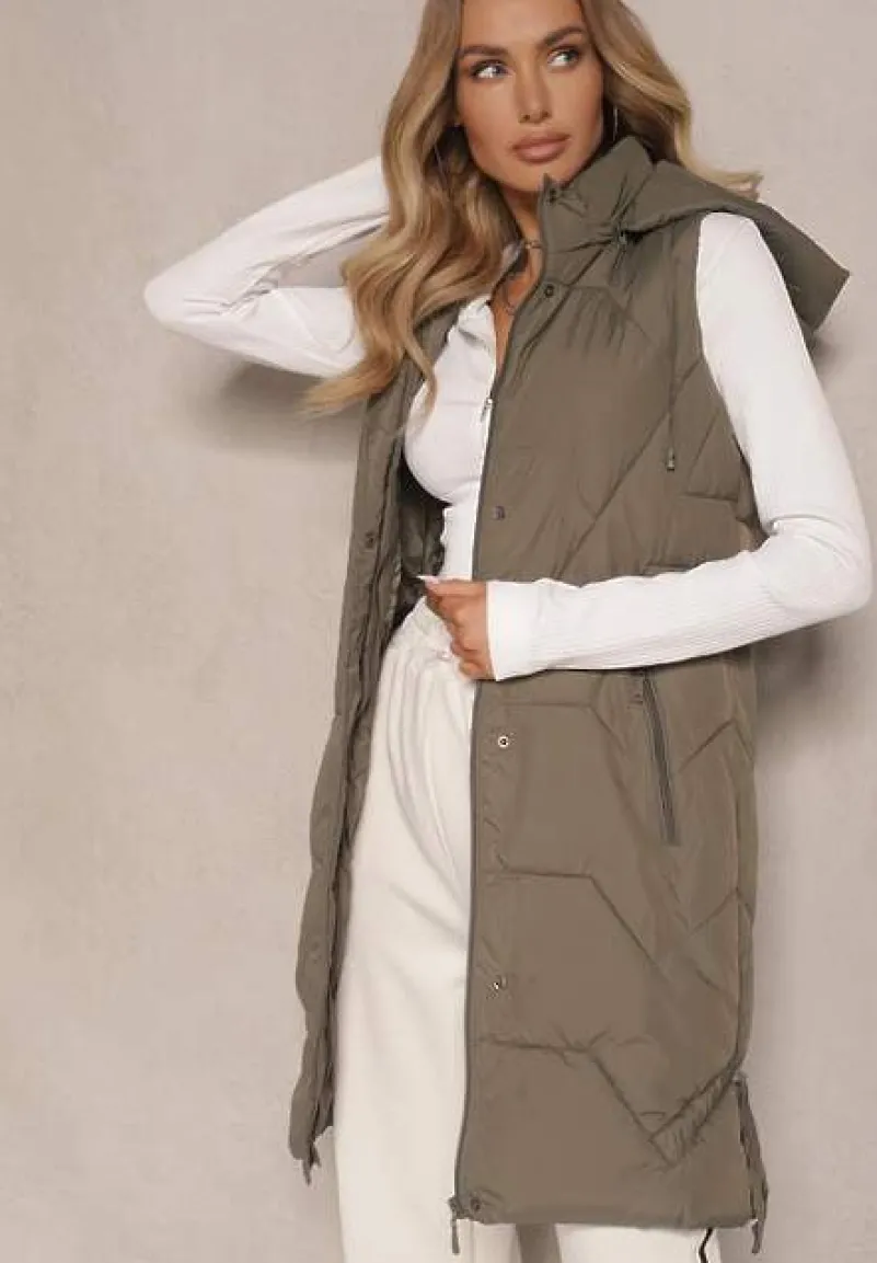 Ciemnozielona Kamizelka z Pikowaniem Ściągaczami i Kapturem z Możliwością Odpięcia Norinvia