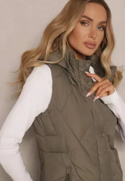 Ciemnozielona Kamizelka z Pikowaniem Ściągaczami i Kapturem z Możliwością Odpięcia Norinvia