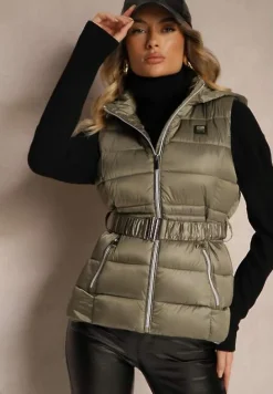 Ciemnozielona Kamizelka z Odpinanym Kapturem Ozdobiona Pikowaniem i Paskiem z Marszczeniem Inathria