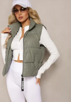 Ciemnozielona Kamizelka z Wysokim Kołnierzem i Suwakiem z Ozdobą Aklaria