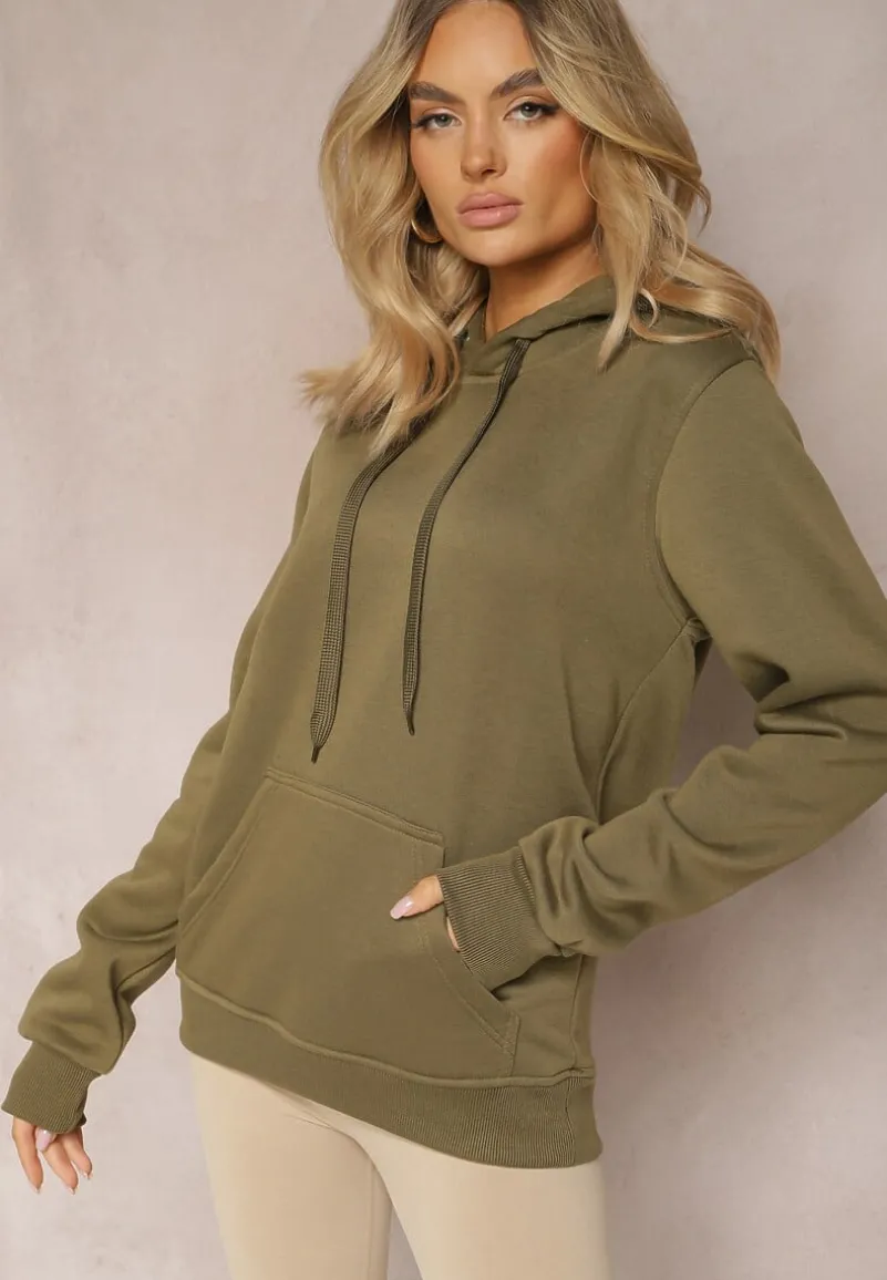 Ciemnozielona Klasyczna Bluza z Kapturem ze Ściągaczem Mozartia